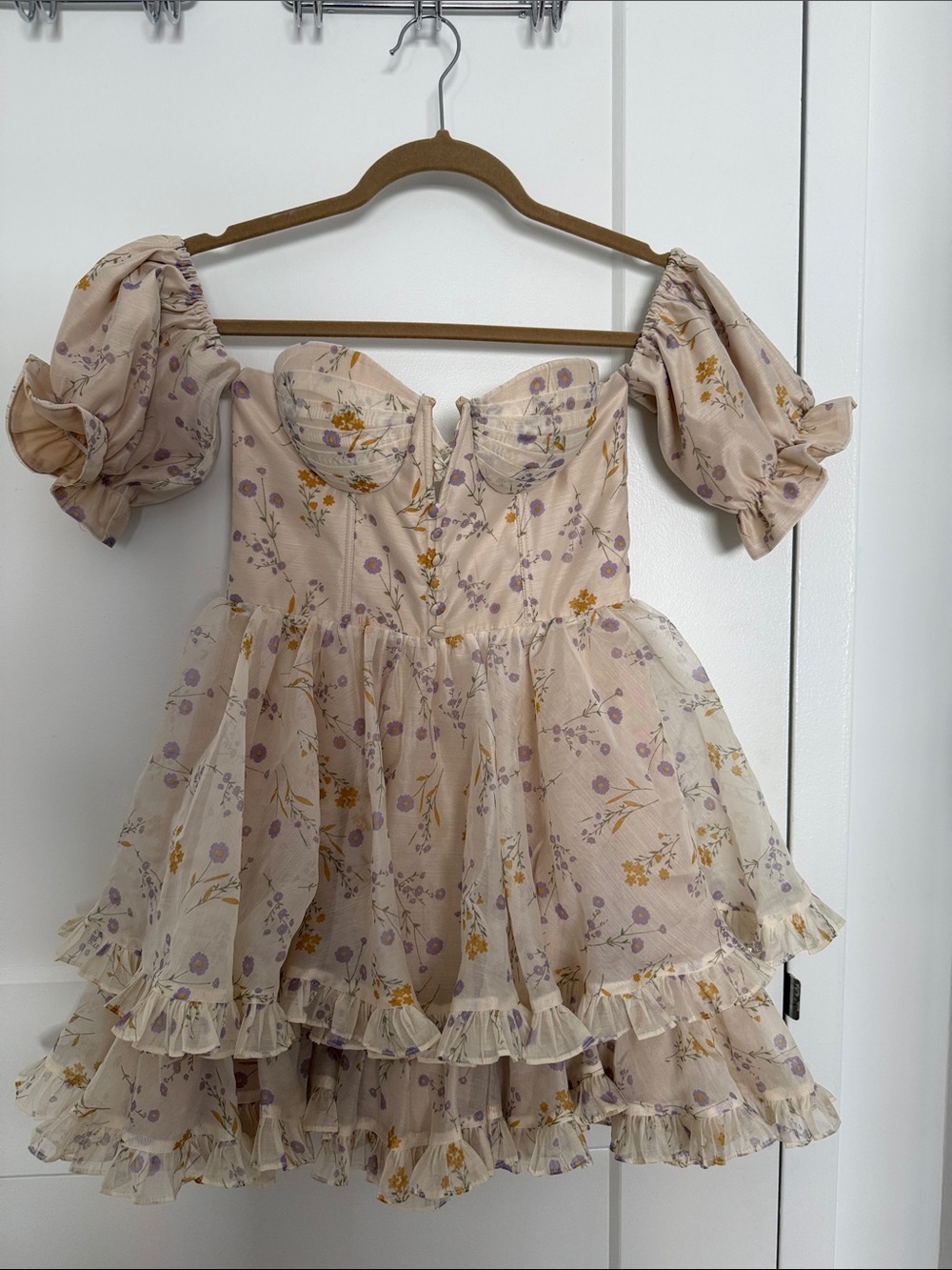 Romantic Floral Off-Shoulder Tiered Mini Dress - by Adeirlina